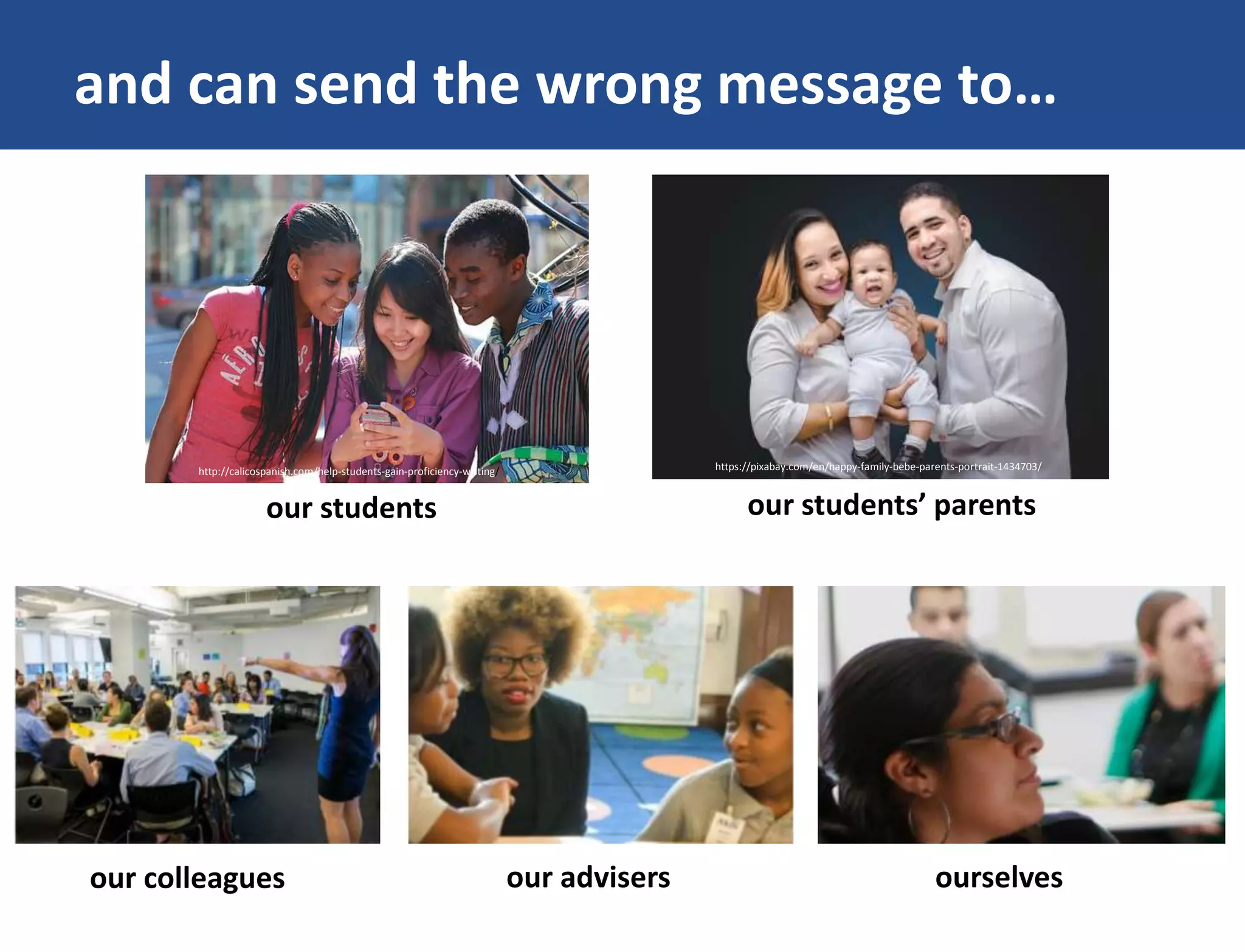 and can send the wrong message to…
http://calicospanish.com/help-students-gain-proficiency-writing/ https://pixabay.com/en/happy-family-bebe-parents-portrait-1434703/
our students our students’ parents
our colleagues our advisers ourselves
 