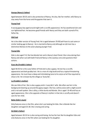 George (Nancy’s father)

Aged between 30-35 and is also protective of Nancy. He also, like her mother, tells Nancy to
stay away from the horse and the gypsies that own it.

Young Fred

A young gypsy boy aged around eight with a scruffy appearance. He has weathered skin and
sun-lightened hair. He becomes good friends with Nancy and they are both scared of his
father Bo.

Old Fred

He is the older version of Young Fred. He is aged between 70-90 (will have to cast same or
similar looking age to Nancy). He is married to Nancy and although an old man has a
distinctive likeness to the actor playing younger Fred.

Young Edie

Edie is also aged 7-8. She has blonde hair and is Nancy’s best friend. She is less daring than
Nancy and when out with both Fred and Nancy is the cautious one and questions their
actions.

Scary Bo (Freddie’s father)

Aged 40-45 he is the scary father of Fred and is also a gypsy. He too has a scruffy
appearance and dark grubby hair. He is a man of a big-build and has a typical threatening
appearance. He must have a deep and intimidating tone to his voice as he’ll be required to
shout a lot. He is known by the village as ‘Scary Bo’.

Lu (Freddie’s mother)

We see little of her. She is also a gypsy and is ‘scary Bo’s’ wife. We often see her in the
background cleaning up around the gypsy wagon. She has a whiny voice with a slight accent
and is not well spoken. She is ditsy, a little dumb and blonde. She is aged 35-40 and has an
aged appearance. She is the opposite of Nancy’s mother in that she is scruffy and doesn’t
care for her child.

Bette (Edie’s mum)

Only features once in the film, when she’s out looking for Edie. She is blonde like her
daughter and aged 25-30. She is loving and caring.

Ed (Edie’s father)

Aged between 30-35 he is also caring and loving. He has fair hair like his daughter Edie and
only features once in the film when out looking for his daughter.
 