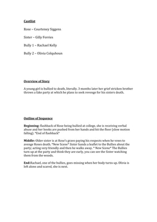 Castlist
Rose – Courteney Siggens
Sister – Gilly Ferries
Bully 1 – Rachael Kelly
Bully 2 – Olivia Colquhoun

Overview of Story
A young girl is bullied to death, literally. 3 months later her grief stricken brother
throws a fake party at which he plans to seek revenge for his sisters death.

Outline of Sequence
Beginning: flashback of Rose being bullied at college, she is receiving verbal
abuse and her books are pushed from her hands and hit the floor (slow motion
falling). *End of flashback*
Middle: Older sister is at Rose’s grave paying his respects when he vows to
avenge Roses death. *New Scene* Sister hands a leaflet to the Bullies about the
party; acting very friendly and then he walks away. * New Scene* The Bullies
turn up at the party and think they are early, you can see the Sister watching
them from the woods.
End:Rachael, one of the bullies, goes missing when her body turns up. Olivia is
left alone and scared, she is next.

 