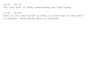 01:33 – 01:35
The long shot of shed, where Kacey was imprisoned
01:36 – 01:40
Zoom in into the inside of shed, to show that on the shelf
is present, which Kacey gave to Jonathan
 