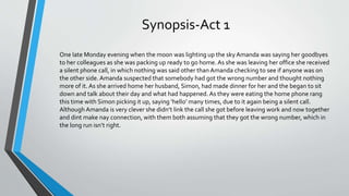Synopsis-Act 1
One late Monday evening when the moon was lighting up the sky Amanda was saying her goodbyes
to her colleagues as she was packing up ready to go home. As she was leaving her office she received
a silent phone call, in which nothing was said other than Amanda checking to see if anyone was on
the other side.Amanda suspected that somebody had got the wrong number and thought nothing
more of it.As she arrived home her husband, Simon, had made dinner for her and the began to sit
down and talk about their day and what had happened. As they were eating the home phone rang
this time with Simon picking it up, saying ‘hello’ many times, due to it again being a silent call.
Although Amanda is very clever she didn’t link the call she got before leaving work and now together
and dint make nay connection, with them both assuming that they got the wrong number, which in
the long run isn’t right.
 