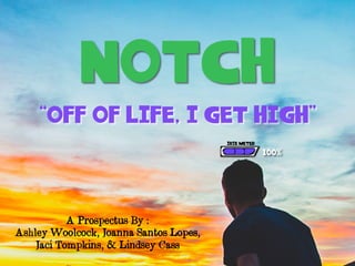 Notch
“OFF OF LIFE, I GET HIGH”
A Prospectus By :
Ashley Woolcock, Joanna Santos Lopes,
Jaci Tompkins, & Lindsey Cass
100%
IRIE METER
 