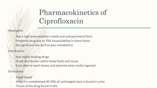 Pharmacokinetics of
Ciprofloxacin
Absorption:
- Has a high bioavailability in both oral and parenteral form
- Preferred drug due to 70% bioavailability in these forms
- No significant loss by first pass metabolism
Distribution:
- Non highly binding drugs
- Great distribution within body fluids and tissue
- Even able to reach bones and placenta when orally ingested
Elimination:
- Renal based
- After it is metabolised 40-50% of unchanged cipro is found in urine
- Traces of the drug found in bile
 