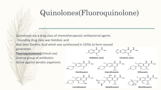 Quinolones(Fluoroquinolone)
– Quinolones are a drug class of chemotherapeutic antibacterial agents
– Founding drug class was Nalidixic acid
– Was later Oxolinic Acid which was synthesized in 1970s to form second
generation
– Fluoroquinolones(clinical use)
– Diverse group of antibiotics
– Active against aerobic organisms
 