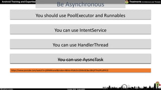 You can use AysncTaskYou can use AysncTask
Be Asynchronous
You should use PoolExecutor and Runnables
You can use IntentSer...