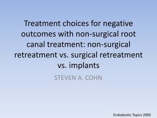 Treatment choices for negative
outcomes with non-surgical root
canal treatment: non-surgical
retreatment vs. surgical retreatment
vs. implants
STEVEN A. COHN
Endodontic Topics 2005
 