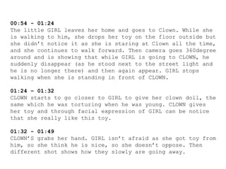 00:54 - 01:24
The little GIRL leaves her home and goes to Clown. While she
is walking to him, she drops her toy on the floor outside but
she didn’t notice it as she is staring at Clown all the time,
and she continues to walk forward. Then camera goes 360degree
around and is showing that while GIRL is going to CLOWN, he
suddenly disappear (as he stood next to the street light and
he is no longer there) and then again appear. GIRL stops
walking when she is standing in front of CLOWN.
01:24 – 01:32
CLOWN starts to go closer to GIRL to give her clown doll, the
same which he was torturing when he was young. CLOWN gives
her toy and through facial expression of GIRL can be notice
that she really like this toy.
01:32 - 01:49
CLOWN’S grabs her hand. GIRL isn’t afraid as she got toy from
him, so she think he is nice, so she doesn’t oppose. Then
different shot shows how they slowly are going away.
 