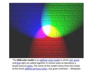 ‘The RGB color model is an additive color model in which red, green
and blue light are added together in various ways to reproduce a
broad array of colors. The name of the model comes from the initials
of the three additive primary colors, red, green and blue.’ - Wikipedia
 