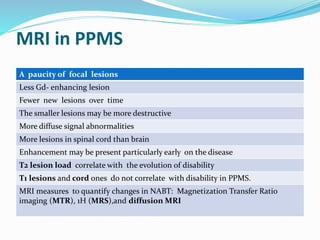 MRI in PPMS
A paucity of focal lesions
Less Gd- enhancing lesion
Fewer new lesions over time
The smaller lesions may be more destructive
More diffuse signal abnormalities
More lesions in spinal cord than brain
Enhancement may be present particularly early on the disease
T2 lesion load correlate with the evolution of disability
T1 lesions and cord ones do not correlate with disability in PPMS.
MRI measures to quantify changes in NABT: Magnetization Transfer Ratio
imaging (MTR), 1H (MRS),and diffusion MRI
 