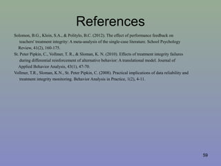 References
Solomon, B.G., Klein, S.A., & Politylo, B.C. (2012). The effect of performance feedback on
teachers' treatment integrity: A meta-analysis of the single-case literature. School Psychology
Review, 41(2), 160-175.
St. Peter Pipkin, C., Vollmer, T. R., & Sloman, K. N. (2010). Effects of treatment integrity failures
during differential reinforcement of alternative behavior: A translational model. Journal of
Applied Behavior Analysis, 43(1), 47-70.
Vollmer, T.R., Sloman, K.N., St. Peter Pipkin, C. (2008). Practical implications of data reliability and
treatment integrity monitoring. Behavior Analysis in Practice, 1(2), 4-11.
59
 