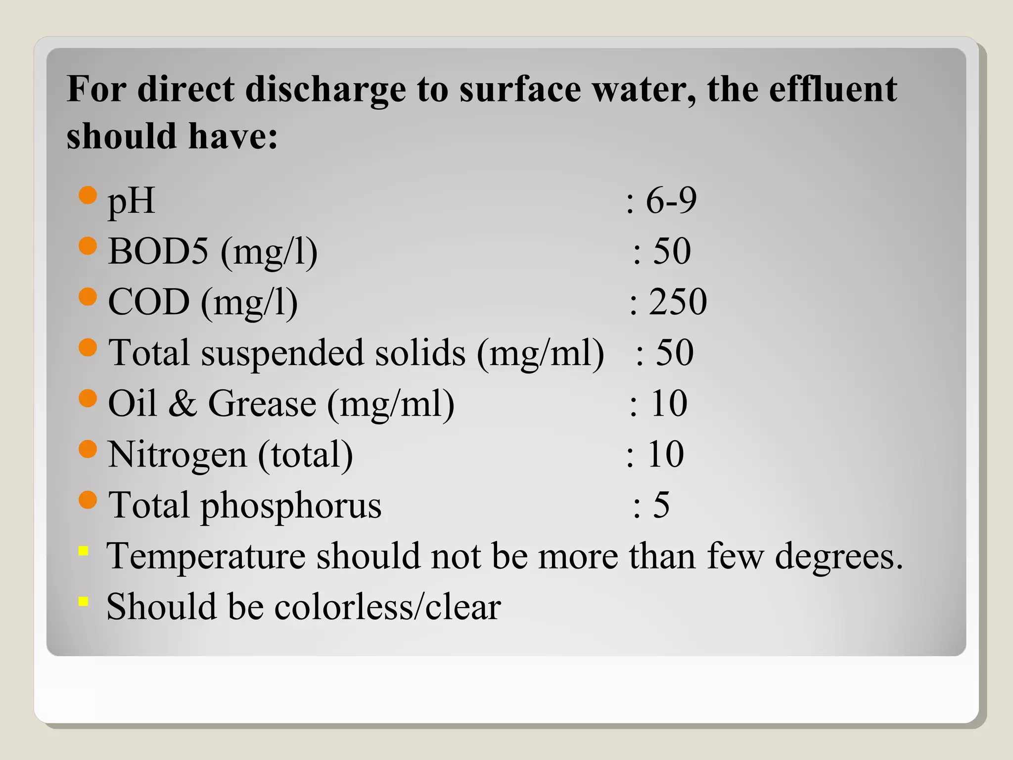 For direct discharge to surface water, the effluent
should have:
pH : 6-9
BOD5 (mg/l) : 50
COD (mg/l) : 250
Total suspended solids (mg/ml) : 50
Oil & Grease (mg/ml) : 10
Nitrogen (total) : 10
Total phosphorus : 5
 Temperature should not be more than few degrees.
 Should be colorless/clear
 