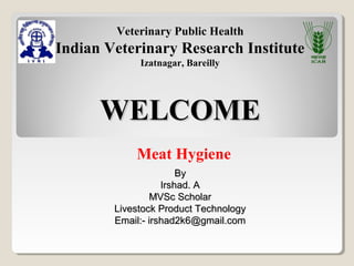 Veterinary Public Health
Indian Veterinary Research Institute
Izatnagar, Bareilly
WELCOMEWELCOME
ByBy
Irshad. AIrshad. A
MVSc ScholarMVSc Scholar
Livestock Product TechnologyLivestock Product Technology
Email:- irshad2k6@gmail.comEmail:- irshad2k6@gmail.com
Meat Hygiene
 
