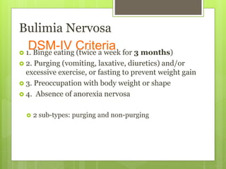 DSM-IV Criteria
Bulimia Nervosa
 1. Binge eating (twice a week for 3 months)
 2. Purging (vomiting, laxative, diuretics) and/or
excessive exercise, or fasting to prevent weight gain
 3. Preoccupation with body weight or shape
 4. Absence of anorexia nervosa
 2 sub-types: purging and non-purging
 