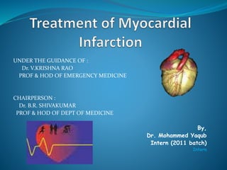 UNDER THE GUIDANCE OF :
Dr. V.KRISHNA RAO
PROF & HOD OF EMERGENCY MEDICINE
CHAIRPERSON :
Dr. B.R. SHIVAKUMAR
PROF & HOD OF DEPT OF MEDICINE
By,
Dr. Mohammed Yaqub
Intern (2011 batch)
Intern
 