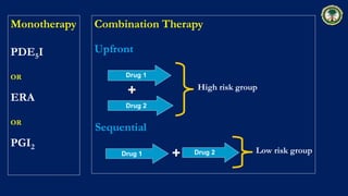+
+
Drug 1
Drug 2
Drug 2Drug 1
Sequential
High risk group
Low risk group
Upfront
Combination TherapyMonotherapy
PDE5I
OR
E...