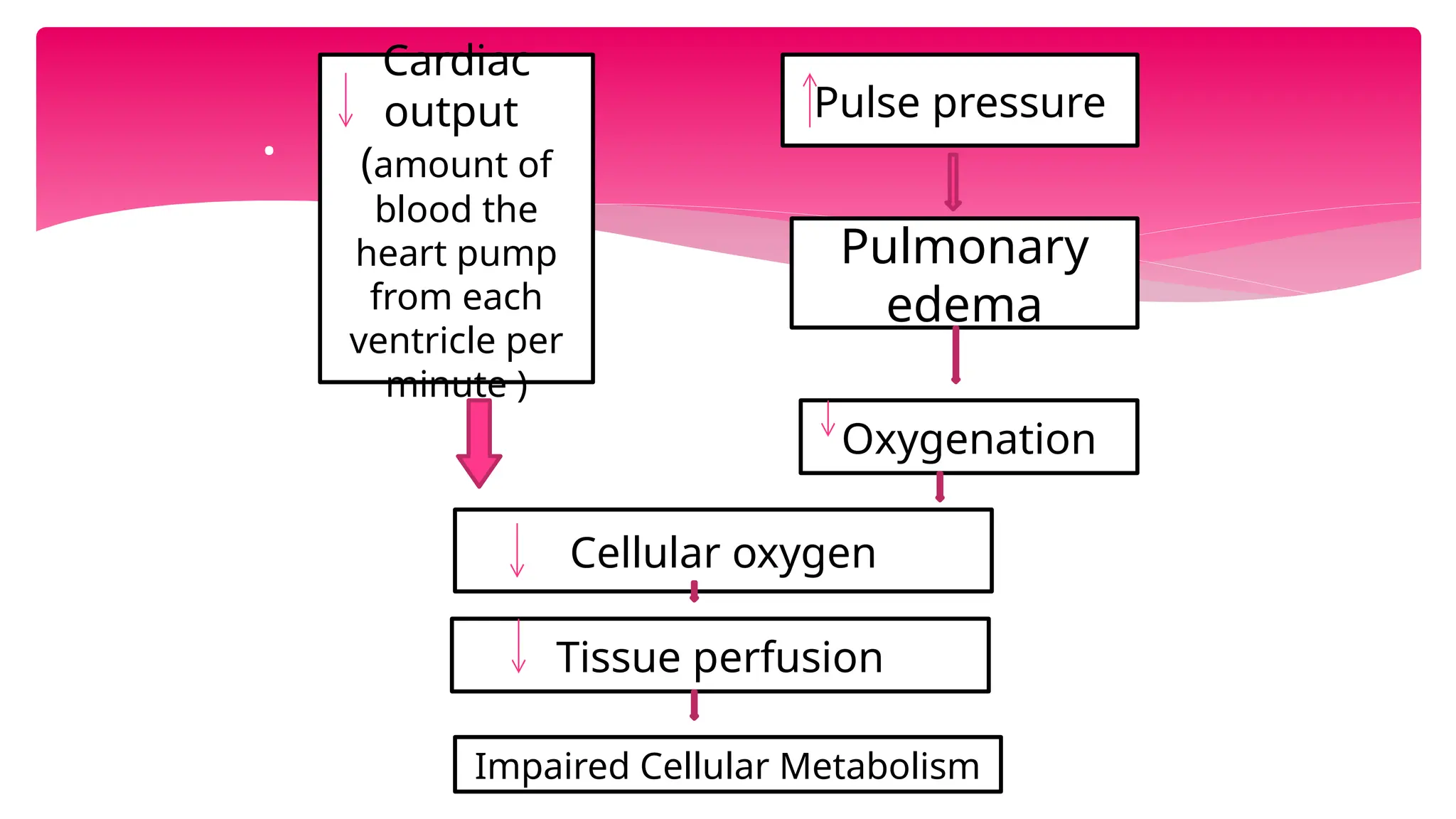 .
Cardiac
output
(amount of
blood the
heart pump
from each
ventricle per
minute )
Pulse pressure
Pulmonary
edema
Oxygenation
Cellular oxygen
Tissue perfusion
Impaired Cellular Metabolism
 