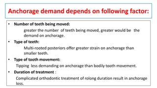 Anchorage demand depends on following factor:
• Number of teeth being moved:
greater the number of teeth being moved, greater would be the
demand on anchorage.
• Type of teeth:
Multi-rooted posteriors offer greater strain on anchorage than
smaller teeth.
• Type of tooth movement:
Tipping less demanding on anchorage than bodily tooth movement.
• Duration of treatment :
Complicated orthodontic treatment of rolong duration result in anchorage
loss.
 