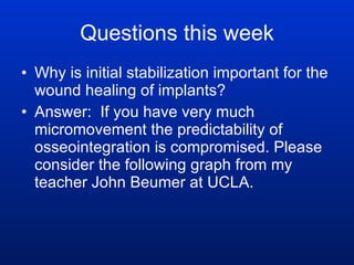 Questions this week Why is initial stabilization important for the wound healing of implants? Answer:  If you have very much micromovement the predictability of osseointegration is compromised. Please consider the following graph from my teacher John Beumer at UCLA.  
