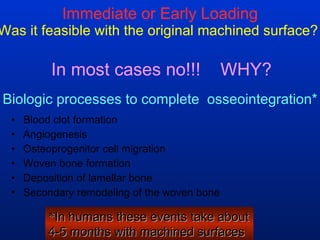Immediate or Early Loading Was it feasible with the original machined surface?   Blood clot formation Angiogenesis Osteoprogenitor cell migration Woven bone formation Deposition of lamellar bone Secondary remodeling of the woven bone Biologic processes to complete  osseointegration* * In humans these events take about 4-5 months with machined surfaces  In most cases no!!!  WHY? 