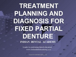 TREATMENT
PLANNING AND
DIAGNOSIS FOR
FIXED PARTIAL
DENTURE
INDIAN DENTAL ACADEMY
Leader in continuing dental education
www.indiandentalacademy.com
www.indiandentalacademy.comwww.indiandentalacademy.com
 