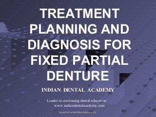 TREATMENT
PLANNING AND
DIAGNOSIS FOR
FIXED PARTIAL
DENTURE
INDIAN DENTAL ACADEMY
Leader in continuing dental education
www.indiandentalacademy.com
www.indiandentalacademy.comwww.indiandentalacademy.com
 