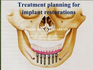 Treatment planning for
implant restorations
INDIAN DENTAL ACADEMY
Leader in continuing dental education
www.indiandentalacademy.com
www.indiandentalacademy.comwww.indiandentalacademy.com
 