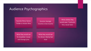 Audience Psychographics
Favorite Films/ Genre:
Thriller or Action films
Income: Average
income or low income
What clothes they
would wear: Tracksuits,
Very casual wear.
What they would eat
for breakfast: Cereal
and Orange juice.
What they would eat
for dinner: Mainly fast
food
 