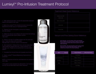 Lumixyl™ Pro-Infusion Treatment Protocol
Begin by having the patient complete a consultation card,                                                              Treatment Head Quick Reference
and perform a skin evaluation prior to any SilkPeel®                                                                     Very Fine (140) & Fine (120)         Sensitive & delicate skin, post-laser, patients
                                                                                                                                                              new to cosmetic procedures.
to ensure that there are no contraindications to performing                                                                  Medium-Fine (100)                Average patient. (most commonly used tip)
a treatment.                                                                                                                    Medium (80)                   Slightly thicker, more tolerant skin types.

                                                                                                                                                              Very tolerant skin types, patients that state
1. After analyzing the skin, choose the appropriate diamond                                                                  Medium-Coarse (60)               “no pain, no gain”, or who are used to receiving
head for the patient’s skin type.                                                                                                                             more aggressive exfoliation treatments.

                                                                                                                                                              Extremely thick and tolerant skin types, used to
                                                                                                                                                              treat mature scars, heels/bottoms of feet, etc.
2. Select the Lumixyl™ Pro-Infusion formula to reduce the                                                                        Coarse (30)
                                                                                                                                                              (rarely used on face in normal operating
appearance of dark spots or hyperpigmentation.                                                                                                                circumstances)

                                                                                                                                                              Used to apply topical to skin under vacuum pressure,
3. Cleanse the skin thoroughly to remove all makeup                                                                             Smooth (00)                   aid in lymph flow, aid in healing , and great for post laser
and oily buildup.                                                                                                                                             treatments. Also used for lip treatments.


4. Adjust the vacuum according to the recommended settings
while considering skin type & patient comfort.                                                                         Vacuum and Flow Setting Quick Reference
*see chart*
                                                                                                                       When analyzing the skin to determine proper vacuum settings,
                                                                                                                       the following items should be taken into account:
5. Perform one set of complete passes over the neck and
                                                                                                                                      Tensile Strength: Is the skin healthy, and has good elasticity?
face. Avoid any areas with prominent                                                                                                  This will determine the amount of vacuum pressure it can tolerate.
telangiectasia; a common result of UV exposure.                                                                                       If the skin has low elasticity, reduce vacuum pressure first, then
                                                                                                                                      adjust accordingly.
6. Spot treatment- Address the nose, and any areas that may
                                                                                                                                      Vascular Activity: Does the skin appear to flush or bruise easily?
need additional passes (fine lines, uneven pigment, UV                                                                                High vacuum may exacerbate these conditions. Start with
damage, etc) Passes can be performed in a cross-hatch                                                                                 reduced vacuum pressure, then adjust accordingly.
pattern.
                                                                                                                       VACUUM SETTINGS                              FLOW SETTINGS
7. Complete the 2nd and final set of passes over the face.                                                                     AREA              VACUUM                       Vacuum Pressure               INTELLIFLOW Setting


8. Apply Lumixyl™ Topical Brightening Creme and sun                                                                            Face               4-5 PSI                       5 and Below                        100%
protection.
                                                                                                                         Neck and Decollete        3 PSI                      Above 5, Below 6                      50%

NOTE: UV exposure should be minimized and sun protection
                                                                                                                             Eyes/Lips           2.5-3 PSI                    Above 6, Below 7                      45%
worn daily.
                                                                                                                               Body                4 PSI                      Above 7, Below 8                      40%
If the patient is also experiencing dehydration, the Hydrating
formula may be alternated every other treatment.                                                                                                                                8 and Above                         30%




                                       Important Note: This is strictly a treatment guideline, and in no way intended to take the place of proper patient consultation and
                                       skin evaluation- every patient is different- use your best judgment and professional knowledge before performing a treatment.
 