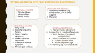 FACTORS ASSOCIATED WITH POOR OUTCOME IN SCHIZOPHRENIA
BIOLOGICAL FACTORS
1. Structural brain
abnormalities
2. Family history
SYMPTOMATIC FACTORS
1. Early onset
2. Lack of precipitating
factors
3. Severe negative
symptoms
4. Marked cognitive
impairment
5. Absence of affective
symptoms
6. Neurological soft signs
ENVIRONMENTAL FACTORS
1. Lack of social network (e.g.
homelessness, lack of family
support)
2. Migration
OTHER ILLNESS FACTORS
1. Poor premorbid adjustment
2. Increased no of episodes of psychosis
3. Long duration of untreated
psychosis(DUP)
4. Childhood onset schizophrenia
5. Obstetric complications
6. Advanced paternal age
7. Comorbidity (eg. substance abuse)
 