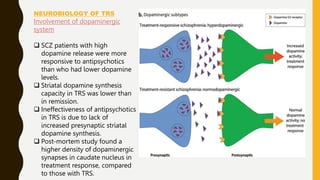 NEUROBIOLOGY OF TRS
Involvement of dopaminergic
system
 SCZ patients with high
dopamine release were more
responsive to antipsychotics
than who had lower dopamine
levels.
 Striatal dopamine synthesis
capacity in TRS was lower than
in remission.
 Ineffectiveness of antipsychotics
in TRS is due to lack of
increased presynaptic striatal
dopamine synthesis.
 Post-mortem study found a
higher density of dopaminergic
synapses in caudate nucleus in
treatment response, compared
to those with TRS.
 