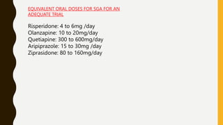 EQUIVALENT ORAL DOSES FOR SGA FOR AN
ADEQUATE TRIAL
Risperidone: 4 to 6mg /day
Olanzapine: 10 to 20mg/day
Quetiapine: 300 to 600mg/day
Aripiprazole: 15 to 30mg /day
Ziprasidone: 80 to 160mg/day
 