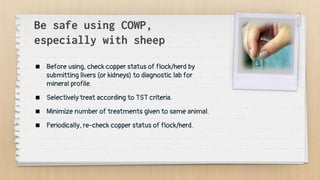 Be safe using COWP,
especially with sheep
 Before using, check copper status of flock/herd by
submitting livers (or kidneys) to diagnostic lab for
mineral profile.
 Selectively treat according to TST criteria.
 Minimize number of treatments given to same animal.
 Periodically, re-check copper status of flock/herd.
 