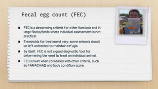 Fecal egg count (FEC)
 FEC is a deworming criteria for other livestock and in
large flocks/herds where individual assessment is not
practical.
 Thresholds for treatment vary; some animals should
be left untreated to maintain refugia.
 By itself, FEC is not a good diagnostic tool for
determining the need to treat an individual animal.
 FEC is best when combined with other criteria, such
as FAMACHA© and body condition score.
 