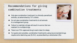 Recommendations for giving
combination treatments
 Only give combination treatment to clinically-parasitized
animals, as determined by TST criteria.
 Do not give combination treatments to all animals
in a management group.
 Failure to maintain refugia will result in worms that are
resistant to multiple drugs.
 There is an FDA-approved drug in each class for sheep.
 For goats and camelids, combination treatments using recommended drugs
require extra label drug use (ELDU), as prescribed by a veterinarian (Rx).
 