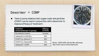 Dewormer + COWP
 There is some evidence that copper oxide wire particles
(COWP) can be used in conjunction with a dewormer to
improve efficacy of treatment.
Treatment
(10-23 lambs per Tx group)
Efficacy
(%FECR)
No treatment (control) Increase
Valbazen® (3 ml/50 lbs.) 20%
COWP (2 g, Ultracruz™) 58%
COWP (2 g, Copasure®) 12%
Valbazen® + COWP 99%
Burke, USDA-ARS, Booneville, Arkansas
http://www.wormx.info/cowpcombo
 