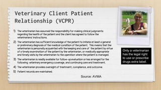 Veterinary Client Patient
Relationship (VCPR)
1) The veterinarian has assumed the responsibility for making clinical judgments
regarding the health of the patient and the client has agreed to follow the
veterinarians' instructions.
2) The veterinarian has sufficient knowledge of the patient to initiate at least a general
or preliminary diagnosis of the medical condition of the patient. This means that the
veterinarian is personally acquainted with the keeping and care of the patient by virtue
of a timely examination of the patient by the veterinarian, or medically appropriate
and timely visits by the veterinarian to the operation where the patient is managed.
3) The veterinarian is readily available for follow-up evaluation or has arranged for the
following: veterinary emergency coverage, and continuing care and treatment.
4) The veterinarian provides oversight of treatment, compliance, and outcome.
5) Patient records are maintained.
Source: AVMA
Only a veterinarian
has the legal right
to use or prescribe
drugs extra label.
 