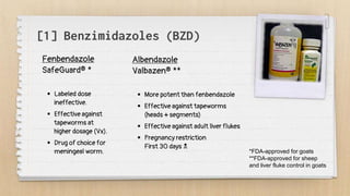 [1] Benzimidazoles (BZD)
Fenbendazole
SafeGuard® *
 Labeled dose
ineffective.
 Effective against
tapeworms at
higher dosage (Vx).
 Drug of choice for
meningeal worm.
Albendazole
Valbazen® **
 More potent than fenbendazole
 Effective against tapeworms
(heads + segments)
 Effective against adult liver flukes
 Pregnancy restriction
First 30 days 
*FDA-approved for goats
**FDA-approved for sheep
and liver fluke control in goats
 