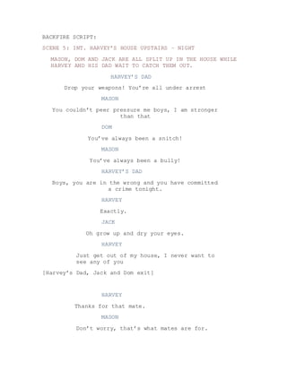 BACKFIRE SCRIPT:
SCENE 5: INT. HARVEY’S HOUSE UPSTAIRS – NIGHT
MASON, DOM AND JACK ARE ALL SPLIT UP IN THE HOUSE WHILE
HARVEY AND HIS DAD WAIT TO CATCH THEM OUT.
HARVEY’S DAD
Drop your weapons! You’re all under arrest
MASON
You couldn’t peer pressure me boys, I am stronger
than that
DOM
You’ve always been a snitch!
MASON
You’ve always been a bully!
HARVEY’S DAD
Boys, you are in the wrong and you have committed
a crime tonight.
HARVEY
Exactly.
JACK
Oh grow up and dry your eyes.
HARVEY
Just get out of my house, I never want to
see any of you
[Harvey’s Dad, Jack and Dom exit]
HARVEY
Thanks for that mate.
MASON
Don’t worry, that’s what mates are for.
 