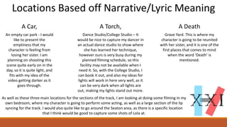 Locations Based off Narrative/Lyric Meaning
A Car, A Torch, A Death
An empty car park - I would
like to present the
emptiness that my
character is feeling from
losing her sister. I am
planning on shooting this
scene quite early on in the
day, so it is quite light, and
fits with my idea of the
video getting darker as it
goes through.
Dance Studio/College Studio – It
would be nice to capture my dancer in
an actual dance studio to show where
she has learned her technique,
however ours is very busy during my
planned filming schedule, so this
facility may not be available when I
need it. So, with the College Studio, I
can book it out, and also my ideas for
lights will work in here very well, as it
can be very dark when all lights are
out, making my lights stand out more.
Grave Yard. This is where my
character is going to be reunited
with her sister, and it is one of the
first places that comes to mind
when the word ‘Death’ is
mentioned.
As well as these three main locations for the sections of the track, I am looking at doing some filming in my
own bedroom, where my character is going to perform some acting, as well as a large section of the lip
syncing for the track. I would also quite like to go around the Seaton area, as there is a specific location
that I think would be good to capture some shots of Lola at.
 