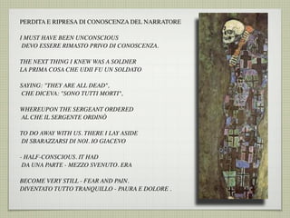 PERDITA E RIPRESA DI CONOSCENZA DEL NARRATORE
I MUST HAVE BEEN UNCONSCIOUS
 DEVO ESSERE RIMASTO PRIVO DI CONOSCENZA.
THE NEXT THING I KNEW WAS A SOLDIER
LA PRIMA COSA CHE UDII FU UN SOLDATO
SAYING: "THEY ARE ALL DEAD",
 CHE DICEVA: "SONO TUTTI MORTI",
WHEREUPON THE SERGEANT ORDERED
 AL CHE IL SERGENTE ORDINÒ
TO DO AWAY WITH US. THERE I LAY ASIDE
 DI SBARAZZARSI DI NOI. IO GIACEVO
- HALF-CONSCIOUS. IT HAD
 DA UNA PARTE - MEZZO SVENUTO. ERA
BECOME VERY STILL - FEAR AND PAIN.
DIVENTATO TUTTO TRANQUILLO - PAURA E DOLORE .
 