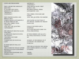 CONTA DEI PRIGIONIERI
THEN I HEARD THE SERGEANT
SHOUTING:
FU ALLORA CHE UDII IL
SERGENTE CHE GRIDAVA:
"ABZÄHLEN!"
"CONTATELI!".
THEY STARTED SLOWLY AND
IRREGULARLY:
COMINCIARONO LENTAMENTE E
IN MODO IRREGOLARE:
ONE, TWO, THREE, FOUR -
"ACHTUNG!"
 UNO, DUE, TRE, QUATTRO -
"ATTENZIONE!"
THE SERGEANT SHOUTED AGAIN,
"RASCHER!"
 IL SERGENTE URLÒ DI NUOVO,
"PIÙ SVELTI!"
"NOCHMAL VON VORN
ANFANGEN!
"COMINCIATE DI NUOVO DA
CAPO!
IN EINER MINUTE WILL ICH
WISSEN,
 FRA UN MINUTO VOGLIO SAPERE
WIEVIELE ICH ZUR GASKAMMER
ABLIEFERE!
 QUANTI DEVO MANDARE ALLA
CAMERA A GAS!
ABZÄHLEN!".
 CONTATELI!".
THEIN BEGAN AGAIN, FIRST
SLOWLY: ONE,
RICOMINCIARONO, PRIMA
LENTAMENTE: UNO,
TWO, THREE, FOUR, BECAME
FASTER
 DUE, TRE, QUATTRO, POI SEMPRE
AND FASTER, SO FAST THAT IT
PIÙ PRESTO, SEMPRE PIÙ PRESTO
TANTO CHE
FINALLY SOUNDED LIKE A
STAMPEDE
ALLA FINE RISUONÒ COME UNA
FUGA PRECIPITOSA
OF WILD HORSES AND ALL OF A
DI CAVALLI SELVAGGI, E TUTTO
AD
SUDDEN, IN THE MIDDLE OF IT
UN TRATTO, NEL MEZZO DEL
TUMULTO,
THEY BEGAN SINGING THE SHEMA
ESSI COMINCIARONO A CANTARE
LO SHEMA
YSROËL.
 YSROËL!
 
