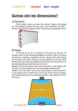 Treball E.F               Handbol            Marc Anglès


Quines són les dimensions?
La Porteria:
     Està situada al centre de cada línia exterior. Mesura 2m d’alçada
per 3m d’amplada, pintada amb dos colors, que normalment són blanc i
vermell, situades amb franges de 20cm. Els pals són d’una amplada de 8cm.




El Camp:
        El terreny de joc és un rectangle de 40 metres de llarg per 20
d'ample, dividit en dos meitats quadradades on podem trobar-hi una àrea
de porteria a cadascuna d’aquestes meitats. Aquesta àrea està traçada
per dos quarts de rodona, units per una línia paral·lela a la de gol. Totes
les línies del camp tenen una amplada de 5cm menys la línia de gol que fa la
mateixa amplada que els pals de la porteria, 8cm.
Després hi ha la línia de cop franc, que és dicontínua i està situada a 3m
de l’àrea. Tant els fragments de línia comels d’espai mesuren 15cm.
També hi ha la línia dels 7 metres, que està situada a 7m de la portería i
té una longitud de 1m. Davant seu hi ha la línia de límit dels porters(que
s’utilitza pels penals) que te una longitud de 15cm i està situada a 4m de la
línia de gol.




   Setmana del 8 al 12 de febrer del 2010                      pàg.4
 