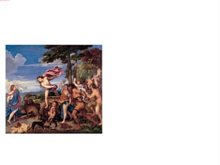 Baco y Ariadna Aquesta es una obra que ens mostra a Baco, de Déu del Vi. Es obra de Tiziano i esta exposada a Londres, al National Gallery. Es una pintura molt barroca i carregada on es barrejen moltes figures humanes, i on es pot observar a Baco, el seu amor... Ariadna i tots els seus seguidors. 