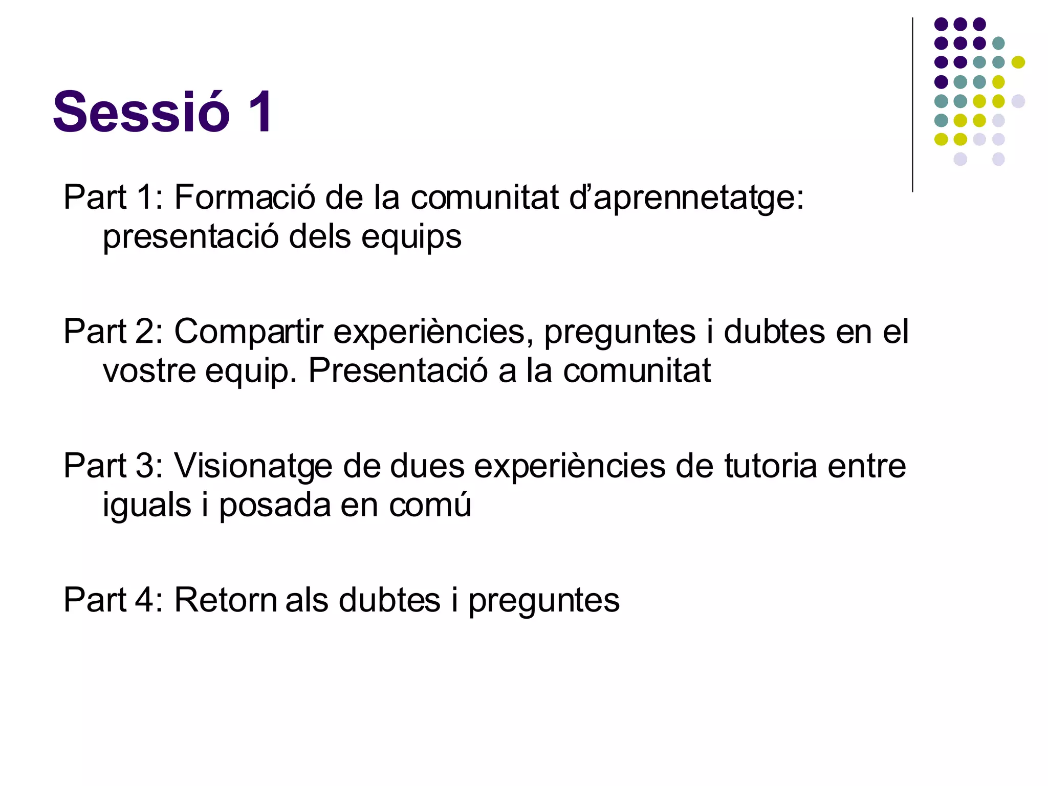 Sessió 1 Part 1: Formació de la comunitat d’aprennetatge: presentació dels equips Part 2: Compartir experiències, preguntes i dubtes en el vostre equip. Presentació a la comunitat Part 3: Visionatge de dues experiències de tutoria entre iguals i posada en comú Part 4: Retorn als dubtes i preguntes 