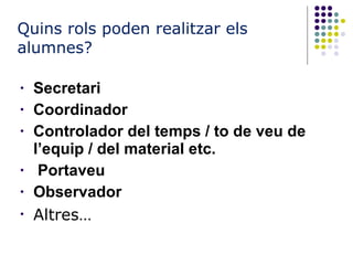 Quins rols poden realitzar els alumnes? Secretari Coordinador Controlador del temps / to de veu de l’equip / del material etc. Portaveu Observador Altres… 