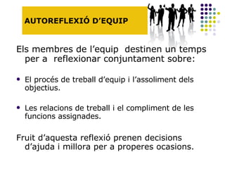 AUTOREFLEXIÓ D’EQUIP Els membres de l’equip  destinen un temps per a  reflexionar conjuntament sobre: El procés de treball d’equip i l’assoliment dels objectius. Les relacions de treball i el compliment de les funcions assignades.  Fruit d’aquesta reflexió prenen decisions d’ajuda i millora per a properes ocasions. 