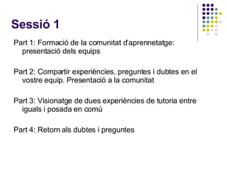 Sessió 1 Part 1: Formació de la comunitat d’aprennetatge: presentació dels equips Part 2: Compartir experiències, preguntes i dubtes en el vostre equip. Presentació a la comunitat Part 3: Visionatge de dues experiències de tutoria entre iguals i posada en comú Part 4: Retorn als dubtes i preguntes 