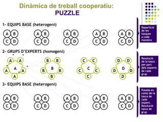 Dinàmica de treball cooperatiu:  PUZZLE 1- EQUIPS BASE ( heterogeni ) A C D B A C D B A C D B A C D B A C D B 2- GRUPS D’EXPERTS (homogeni) A A A A A A B B B B B B C C C C C C D D D D D D Repartició  de les  tasques  a cada  membre 3- EQUIPS BASE (heterogeni) A C D B A C D B A C D B A C D B A C D B Resolució de la tasca per part  dels experts de cada  grup Posada en comú de la tasca de  cada  expert. Resolució tasca de  grup 
