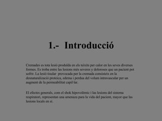 1.- Introducció Cremades es tota lesió produïda en els teixits per calor en les seves diverses formes. Es troba entre las lesions més severes y doloroses que un pacient pot sofrir. La lesió tisular  provocada per la cremada consisteix en la desnaturalizació proteica, edema i perdua del volum intravascular per un augment de la permeabilitat capil·lar.   El efectes generals, com el shok hipovolémic i las lesions del sistema respiratori, representan una amenaza para la vida del pacient, mayor que las lesions locals en sí . 