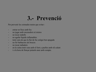 3.-  Prevenció   Per prevenir les cremades tenim que evitar :   -       entrar en llocs amb foc -       no jugar amb encenedors ni mistos -       no tocar endolls -       no agafar líquids inflamables -       tenir cura de que la llar de foc estigui ben apagada -       no fer barbacoes als boscos -       no tocar radiadors  -       en la cuina tenir cura amb el forn y paelles amb oli calent -       i a la hora de llençar petards anar amb compte. 